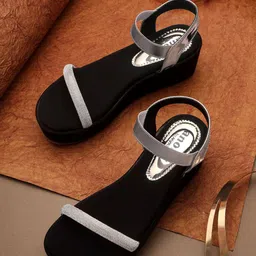 Anouk Silver-Toned & Black Embellished Open Toe Flatform Heels With Backstrap-image-79