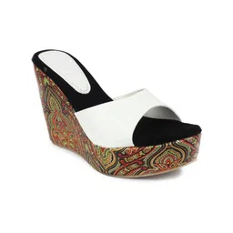Glitzy Galz White & Black Printed High-Top Wedge Mules-74