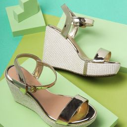 ICONICS Gold-Toned Colourblocked Party Wedge Heels with Buckles-45