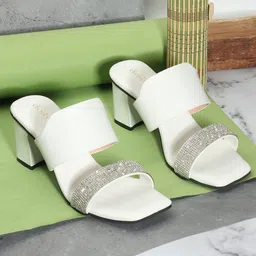 DressBerry White Embellished Open Toe Block Heels-25