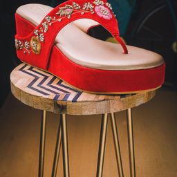 NR By Nidhi Rathi Women Red Velvet Ethnic Wedge Sandals-10