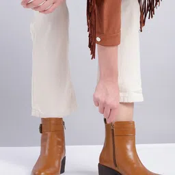 Roadster Women Brown Solid Mid-Top Block Heels Boots with Buckles-4