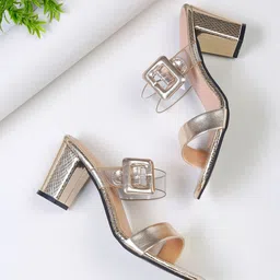 Bruno Manetti Gold-Toned & Transparent PU Block Sandals with Buckles-15