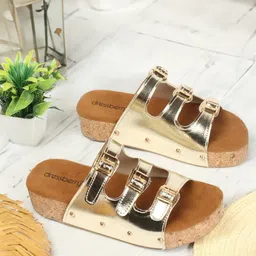 DressBerry Gold Toned Buckle Detailed Flatform Heels-33
