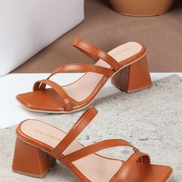 DressBerry Tan Strappy Open Toe Block Heels-2