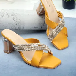 DressBerry Yellow Embellished Open Toe Block Heels-47