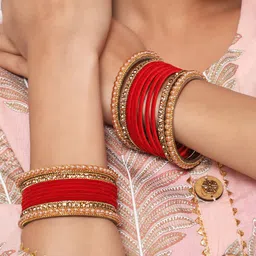 Anouk Set Of 20 Gold-Plated Stone-Studded & Velvet Bangles-14