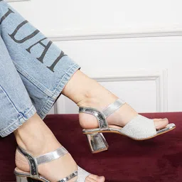 Anouk Silver-Toned Colourblocked Block Peep Toes Heels-6
