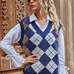 StyleCast Blue V-Neck Geometric Woven Design Sweater Vest-14