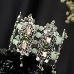 Sangria Silver-Plated Stone-Beaded Cuff Oxidised Bracelet-image-52