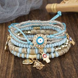 DressBerry Gold-Toned Set Of 6 Multi layer Lucky Evil Eye Elasticated Bracelet-16