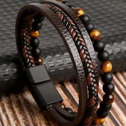 MEENAZ Men Leather Silver Plated Multistrand Bracelet-46
