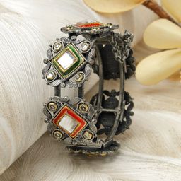 Moedbuille Silver-Plated Kundan Meenakari Bangle-Style Bracelet-14