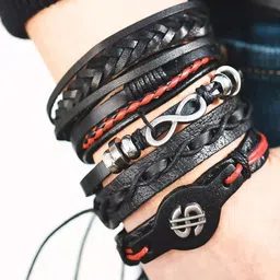 Shining Diva Fashion Men 5 Black  Red Leather Multistrand Bracelet-54