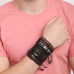 Shining Diva Fashion Men Set of 6 Black  Brown Leather Multistrand Bracelet-image-29