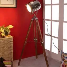 pristine interiors Kepler Silver Metal Shade Tripod Floor Lamp With Teak wood Base-picture-28