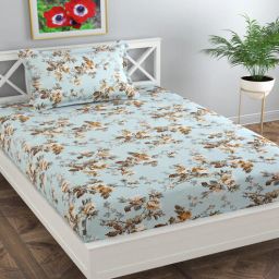 florida Blue Floral 130 TC Poly Cotton Single Bed Sized Bed Sheets With 1 Pillow Cover-picture-20
