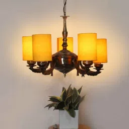 new era Devansh 05 Lights Yellow Round cotton shade with Antique Golden Chandelier-picture-13
