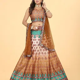 EthnicTree Printed Mirror Work Ready to Wear Lehenga & Blouse With Dupatta image 1