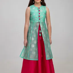 Bitiya by Bhama Girls Sea Green & Pink Printed Foil Print Ready to Wear Lehenga Choli-image-75