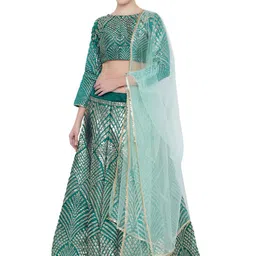 DIVASTRI Green Banarasi Silk Ready to Wear Lehenga & Unstitched Blouse With Dupatta-image-90