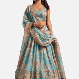 SHOPGARB Turquoise Blue & Beige Embellished Sequinned Semi-Stitched Lehenga & Unstitched Blouse With Dupatta-11
