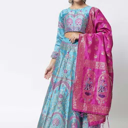 DIVASTRI Turquoise Blue & Pink Semi-Stitched Lehenga & Unstitched Blouse With Dupatta-picture-23