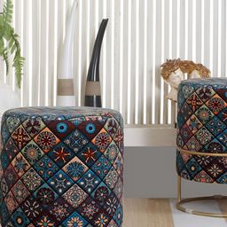 Shadowkart Blue & Maroon Ethnic Motifs Printed Wooden Cylindrical Ottomans-image-12