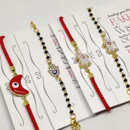 EL REGALO Set Of 4 Red & Gold Coloured Evil Eye Wrap Around Rakhi With Roli Chawal & Raksha Bandhan Greeting Card image 2