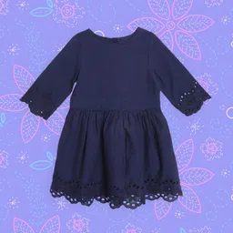 mothercare Girls Navy Blue Pure Cotton Solid Schiffli Dress-image-100