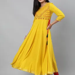KIMAYRA Women Mustard Yellow Yoke Design Keyhole Neck Anarkali Kurta-picture-10