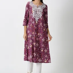 Saffron Threads Women Purple Floral A-line Kurta with Lucknowi Chikankari Embroidered Neck-image-18