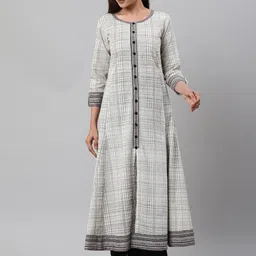 YASH GALLERY Women Off-White & Black Checked Anarkali Kurta-image-98