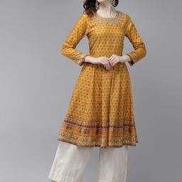 W Women Mustard Yellow Ethnic Motifs Printed Anarkali Kurta-image-7