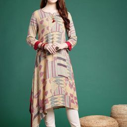 Suha Geometric Printed Striped Notch Neck A-Line Kurta-image-98