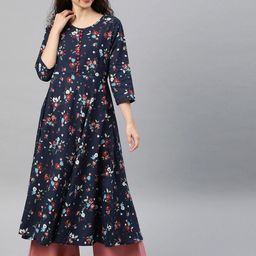 KALINI Floral Printed Round Neck Sequinned Anarkali Cotton Kurta-image-70