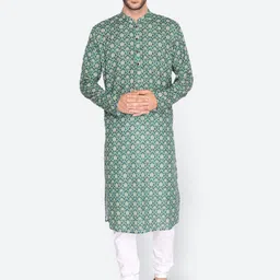 NAMASKAR Men Green Cotton Linen Printed Kurta-picture-49