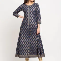 KALINI Round Neck Ethnic Motifs Printed Mirror Work Cotton Anarkali Kurta-image-64