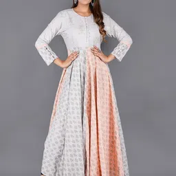 KALINI Women Grey & Peach-Coloured Floral Printed Flared Sleeves Anarkali Kurta-20