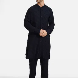 Komal Kothari Striped Mandarin Collar Thread Work Linen Kurta-image-11