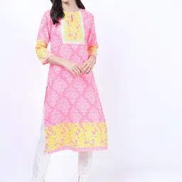 Vishudh Pink & Yellow Floral Printed Keyhole Neck Kurta-image-13