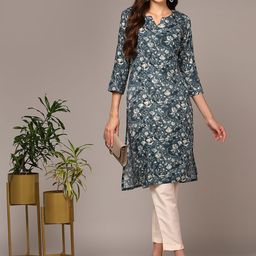 AHIKA Floral Printed Notched Neck Straight Kurta-image-61