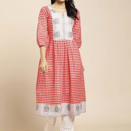 RATAN Checked Round Neck Puff Sleeves Pleated Machine Weave Pure Cotton Anarkali Kurta-image-5