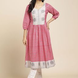 RATAN Checked Round Neck Puff Sleeves Pleated Pure Cotton Anarkali Kurta-picture-12