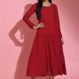 Poshak Hub Floral Embroidered Beads and Stones Georgette Tiered Anarkali Kurta-25