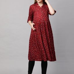 MomToBe Women Maroon Floral Printed Maternity Nursing Anarkali Sustainable Kurta-image-47