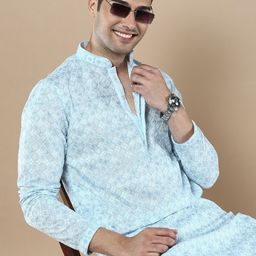 Anouk Blue Ethnic Motifs Embroidered Mandarin Collar Chikankari Straight Kurta-image-36
