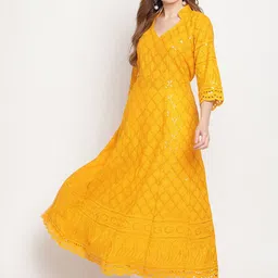 KALINI Ethnic Motifs Embroidered Chikankari Cotton Anarkali Kurta-image-30