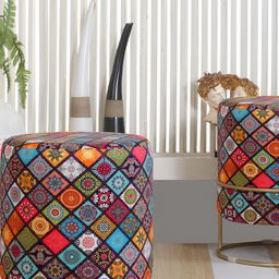Shadowkart Red & Blue Floral Printed Wooden Pouffes Sitting Mudda Puffies  Ottoman-image-53