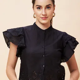 Globus Black Flutter Sleeve Pure Cotton Schiffli Crop Top-picture-19